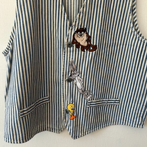 Warner Bros Looney Tunes Vest Womens Large Blue Striped Pockets Conductor - Picture 2 of 5